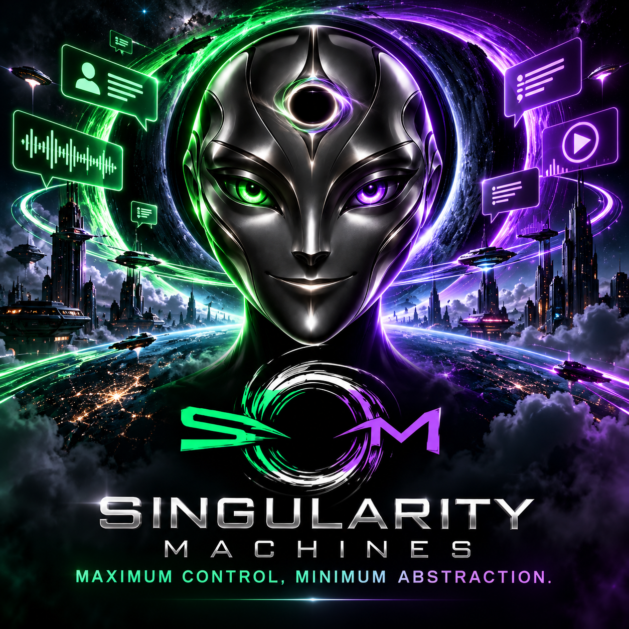 Singularity Machines futuristic green and purple chrome artwork